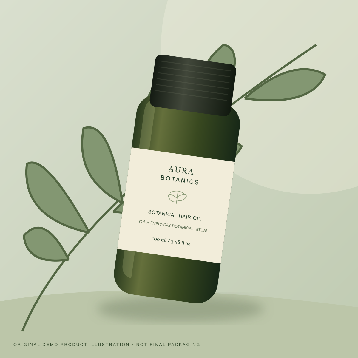 Original illustrated Aura Botanics hair oil bottle nestled among green botanical leaves